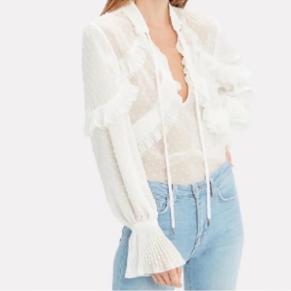 Self Portrait Plumetis Frilled Top Sheer Polka Dot Bow Tie White Blouse